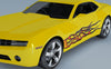 orange fury flames vinyl decal on yellow camaro sports car